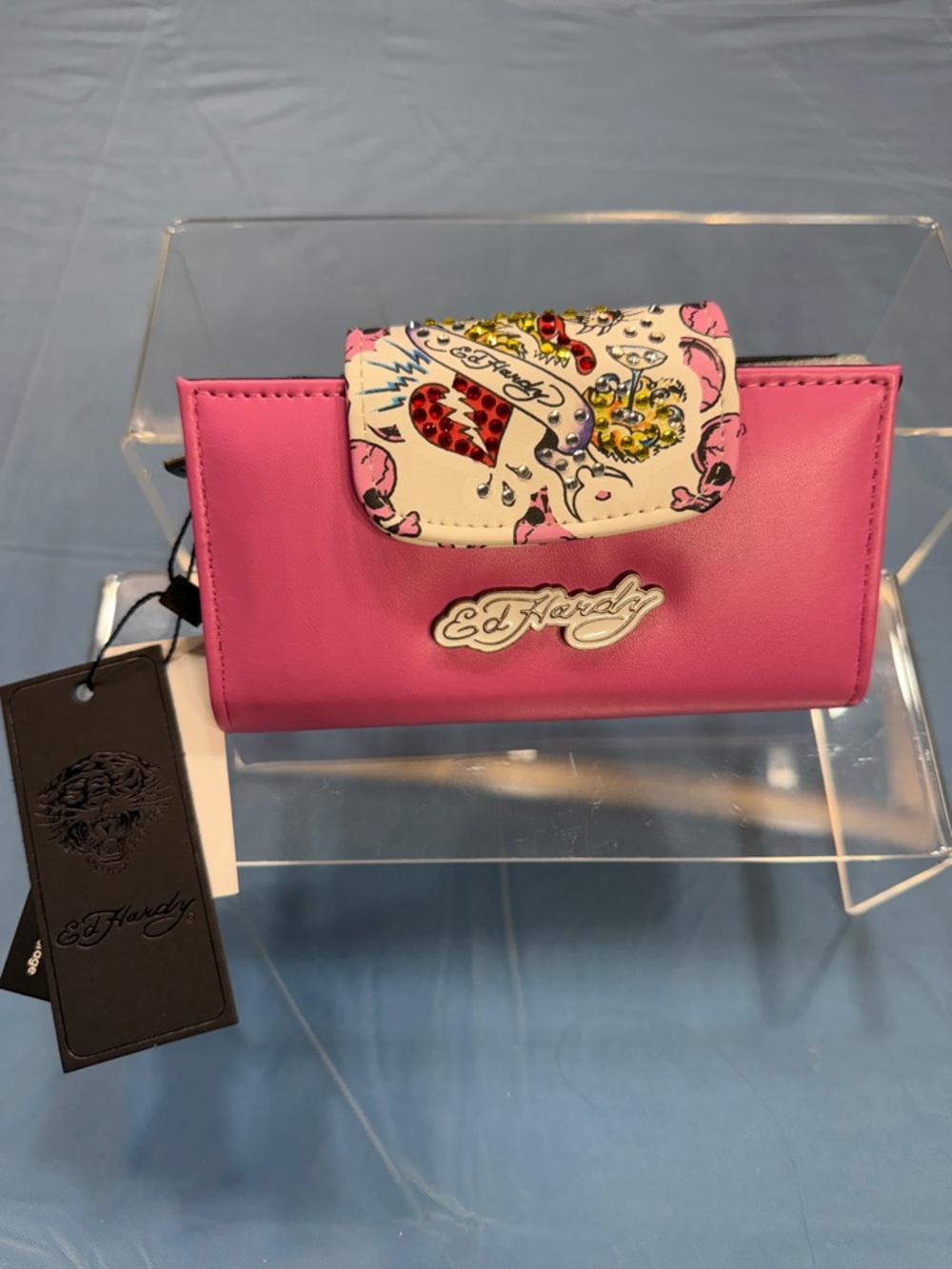 Ed Hardy Pink and White Jeweled Flap Women's Wallet - Picture 2 of 7